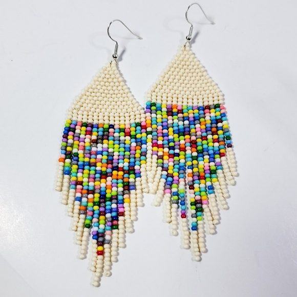 Handmade Seed Bead Fringe Earrings "Pixelated Rainbow in Ivory" - Picture 2 of 6